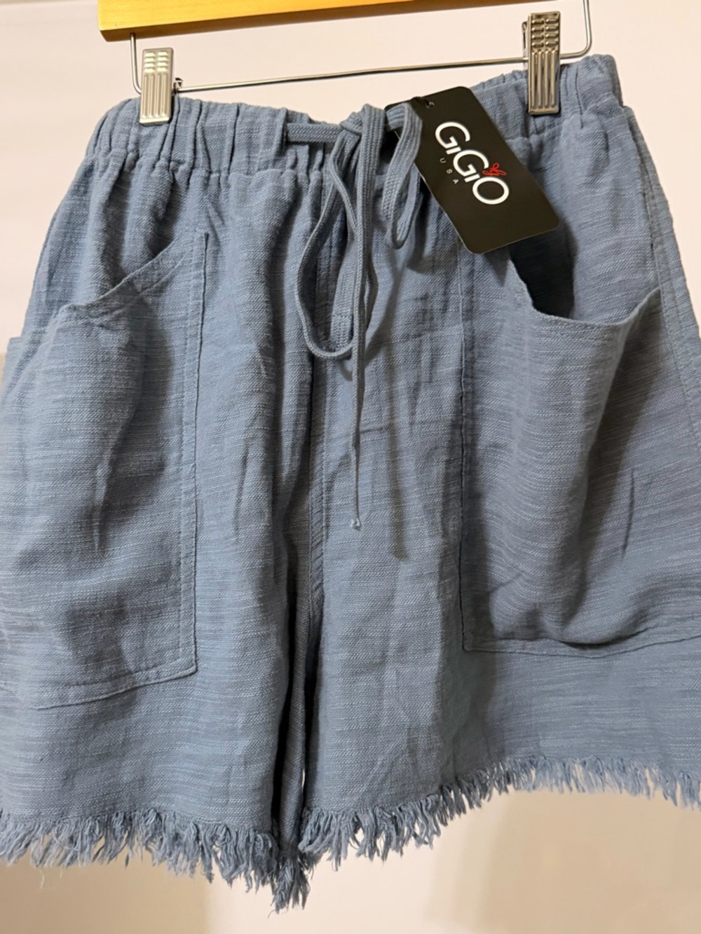 GiGi New York Light Blue Drawstring Fringe Hem Shorts